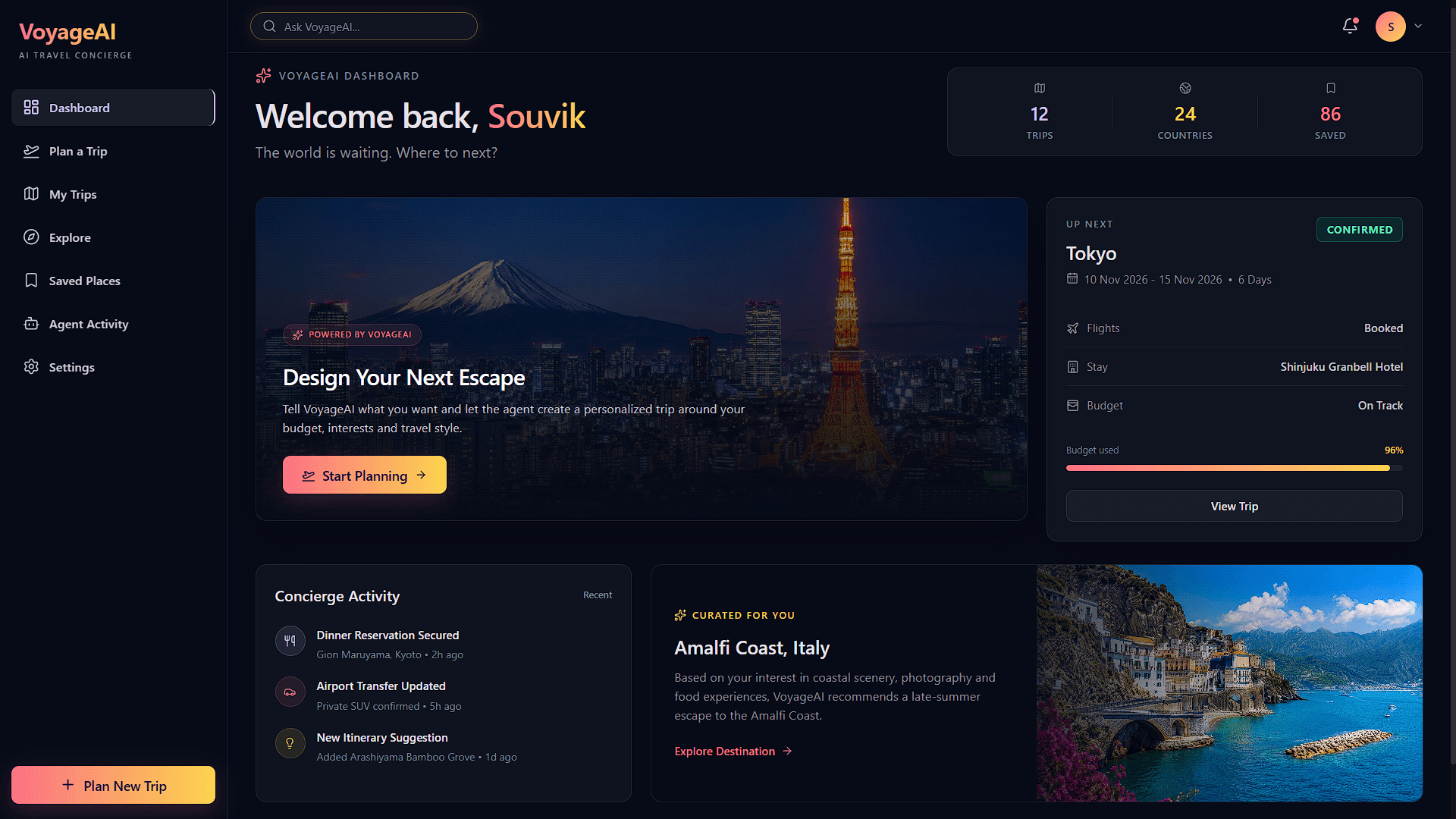 VoyageAI travel planning dashboard